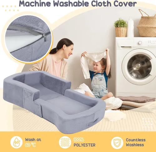 Miniatura 5 de whiffee Cama de viaje para niños pequeños, cama sofá silla plegable portátil 2 en 1, cuna de piso de viaje suave para bebés y niños con fundas