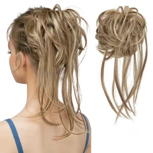 Miniatura 30 de CJL HAIR - Extensión de cabello tipo coletero de chongo desordenado, rizado, sintético, con colas rectas, scrunchies para peinados de moño