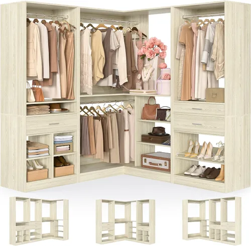 Miniatura 10 de Unikito Organizador de armario de 25 pulgadas de ancho x 80 pulgadas de alto, con barra para colgar y 2 cajones de madera, zapatero ajustable