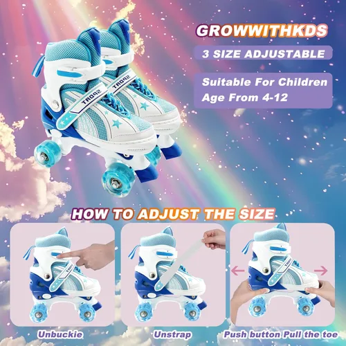 Miniatura 7 de Adjustable Kids Roller Skates for Girls and Boys Ages 3-5 5-8 8-12, All 8 Wheels of Girl's Skates Shine, Safe and Fun Illuminating for Outdoor Azul
