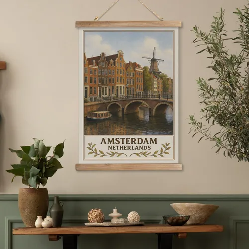 Miniatura 7 de Póster artístico de pared de Ámsterdam Holanda, impresión vintage de viajes de casas del canal y molino de viento, rollo colgante de lienzo de lino