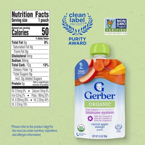 Miniatura 8 de Gerber Alimento para bebés etapa 2, mango orgánico de zanahoria y manzana, bolsas de comida para bebés, bolsas de puré, vitamina A, C y E ayuda a