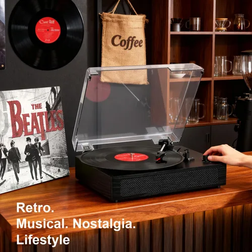 Miniatura 5 de Tocadiscos de vinilo con Bluetooth y altavoces estéreo integrados, tocadiscos vintage de 3 velocidades con parada automática, salida RCA y entrada