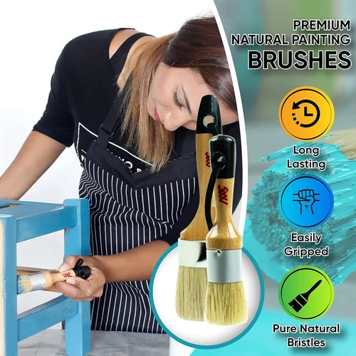 Miniatura 5 de Juego de pinceles de pintura de tiza, paquete de 2 pinceles de cera, 2.5 pulgadas, grandes, cerdas naturales, perfecto para pintura de muebles