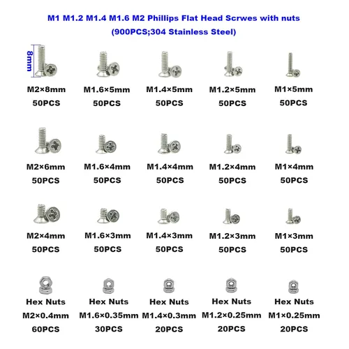 Miniatura 2 de Juego de 900 piezas de tornillos y tuercas de acero inoxidable M1 M1.2 M1.4 M1.6 M2 Phillips con cabeza avellanada/plana