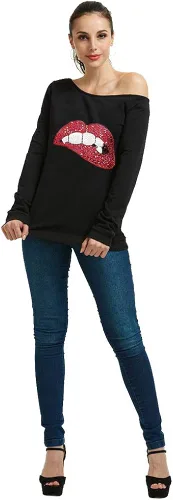 Miniatura 2 de MAGICMK - Sudaderas con hombro descubierto para mujer, manga larga, estampado de labios, casuales