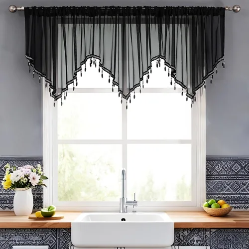 Miniatura 13 de WUBODTI Cortinas transparentes con cenefa con cuentas negras para ventanas, 1 unidad, cenefas de cortina semitransparentes para dormitorio y cocina