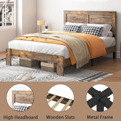 Miniatura 5 de Base de cama de tamaño matrimonial con cabecero, plataforma de madera rústica con soporte de 12 listones de madera, no necesita somier, sin ruido