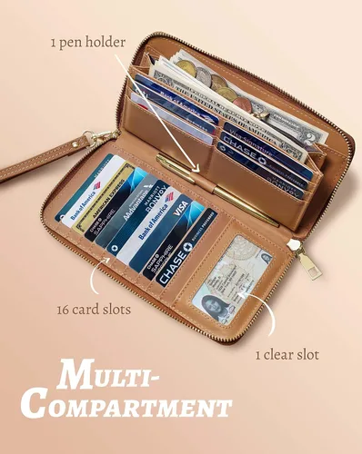 Miniatura 4 de Cartera para mujer con tarjetero para tarjetas de crédito, bolsillos para dinero, correa de pulsera, monedero con bloqueo RFID, gran capacidad