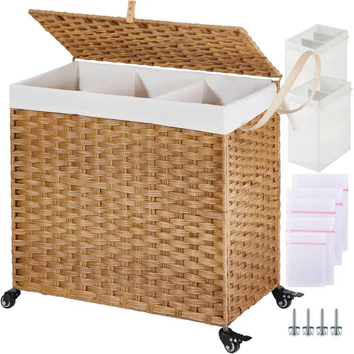 Miniatura 18 de GREENSTELL Cesta para ropa sucia con ruedas y tapa, 130 L, cesta grande de 3 secciones con 2 tipos de bolsas de forro extraíbles, 5 bolsas de malla