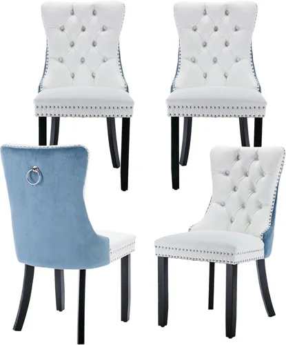 Miniatura 26 de Juego de 2 sillas de comedor de terciopelo, silla de comedor tapizada de alta gama con tirador de anillo en la espalda, adorno de clavos y patas