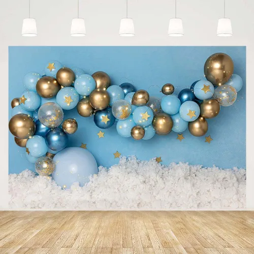 MEHOFOND Fondo de fotografía de cumpleaños de niño de 7 x 5 pies para decoración de retratos, globos azules y dorados, globos azules y dorados,