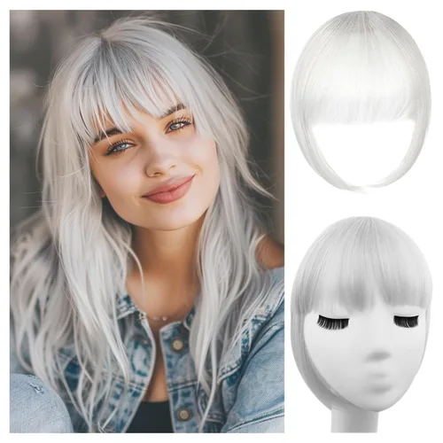 Flequillo con clip de color gris plateado, extensiones de cabello sintético realistas, flequillo falso de estilo francés para mujer, flequillo