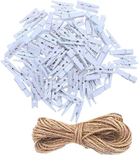 Miniatura 16 de 50 piezas de pequeñas pinzas de madera para fotos con cordel de yute, mini pinzas para ropa para manualidades, decoración, secado de ropa, 50 piezas