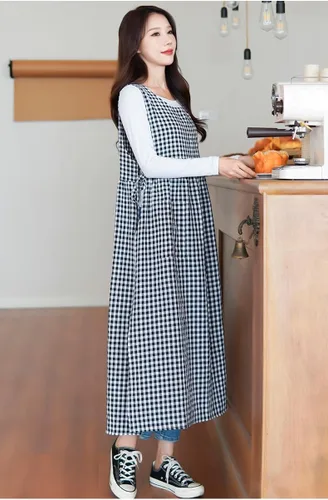 Miniatura 2 de Vestido de delantal a cuadros, delantal japonés de lino y algodón con espalda cruzada para mujer con bolsillos, vestido corto con lazos en la cintura