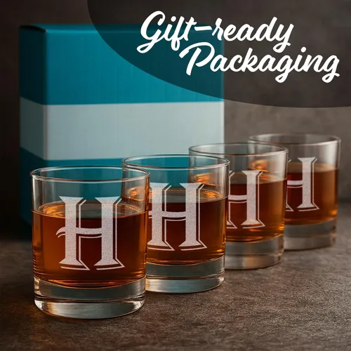 Miniatura 4 de On The Rox Drinks [Monograma H] – Juego de 4 piezas de vasos rocks de whisky bourbon de 11 onzas grabados con base pesada, cristal elegante