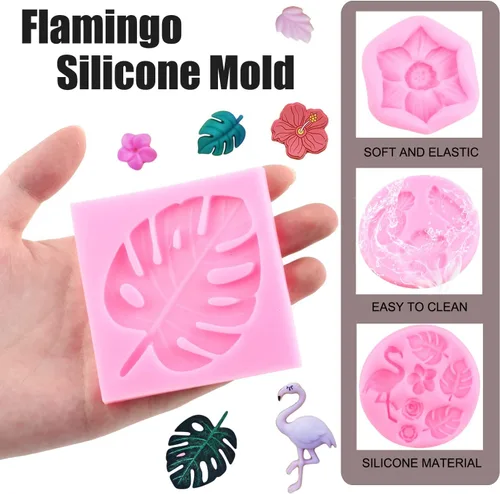 Miniatura 2 de Mujiang Molde de silicona de hojas tropicales para flamencos, moldes de hojas de Monstera para caramelo, hibisco, flor, pájaro, piña, chocolate