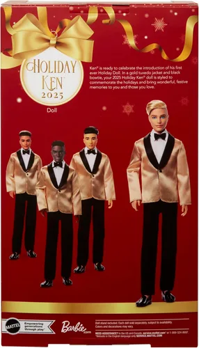 Miniatura 6 de Barbie Signature 2025 Holiday Blonde Ken - Muñeca coleccionable a la moda con traje completo con chaqueta dorada en embalaje exhibible y soporte