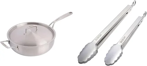 Miniatura 12 de Babish Sartén de acero inoxidable de tres capas de grado profesional con tapa, 5 cuartos de galón y 12 pulgadas de acero inoxidable triple de grado
