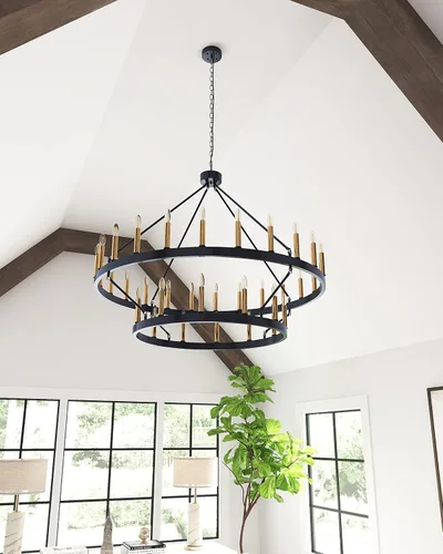 Miniatura 5 de yzzy Candelabro de 36 luces estilo vela de 2 niveles estilo vela colgante de 47 pulgadas, candelabros de hierro forjado para sala de estar, pasillo