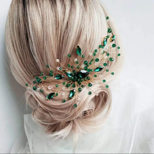 Aimimier Peine para el cabello de cristal verde nupcial, con diamantes de imitación esmeralda, vid de graduación, fiesta, festival, boda, accesorios