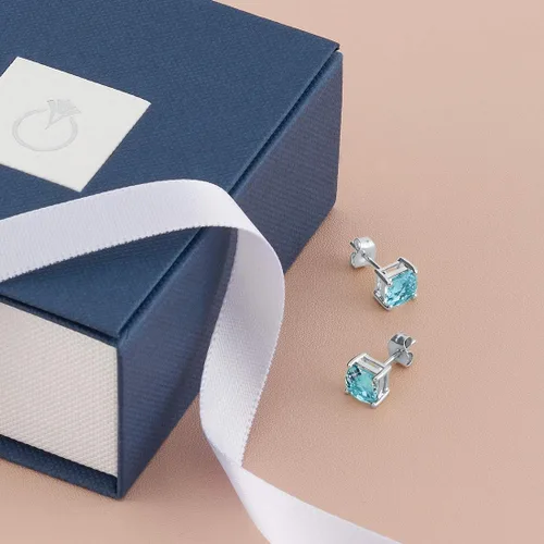 Miniatura 6 de Peora Aretes de tuerca de oro blanco macizo de 14 quilates para mujer, piedra natal de piedras preciosas auténticas, hipoalergénicos, corte de cojín