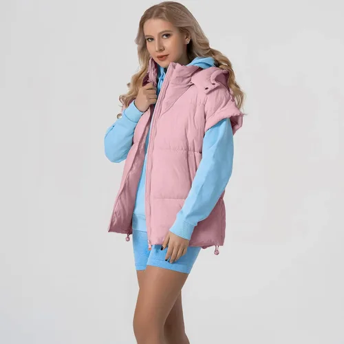 Miniatura 25 de Shiyifa Chaleco acolchado para mujer, chaqueta de gran tamaño, sin mangas, ligera, con cremallera, con capucha desmontable