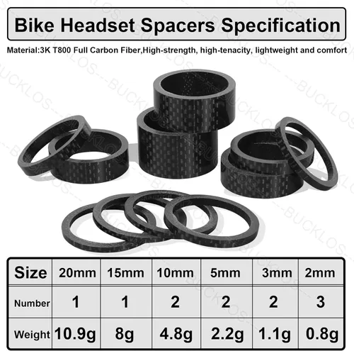 Miniatura 3 de BUCKLOS 11 unidades de auriculares espaciadores para bicicleta de 1-1/8 vástago de horquilla de aluminio de fibra de carbono – 20 15 10 5 3 0.079 in