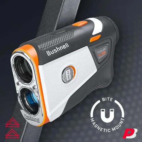Miniatura 5 de Bushnell Tour V6 Golf Rangefinder Bundle – PinSeeker con Visual JOLT, BITE soporte magnético – Incluye toalla de microfibra PlayBetter y batería CR2
