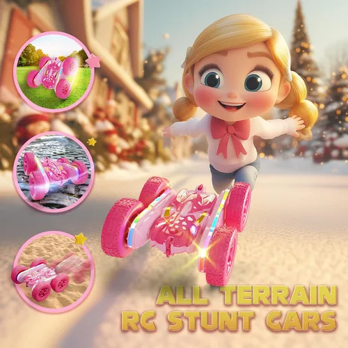 Miniatura 5 de Terucle - Automóvil de control remoto para niñas, autos RC rosas, vehículo de acrobacias RC para niñas, juguetes de doble cara de 360° giratorio