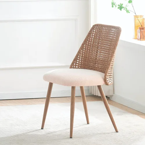 Miniatura 7 de Juego de 4 sillas de comedor de ratán, sillas de cocina tapizadas Boucle, sillas de comedor modernas de mediados de siglo, sillas de caña de Blanco