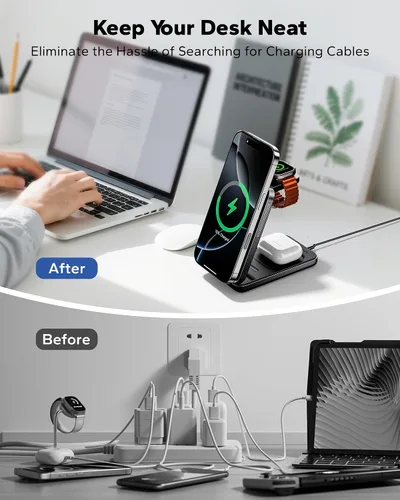 Miniatura 6 de KPON Estación de carga plegable 3 en 1 para Magsafe, cargador de teléfono de viaje y reloj para Apple, base de carga inalámbrica PD20W