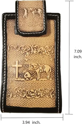 Miniatura 7 de Western autentic Tooled Leather Mexican Cell Phone Case for Belt. Men and Horse Pray Design. con cierre magnético. Tamaño universal (Capuccino)