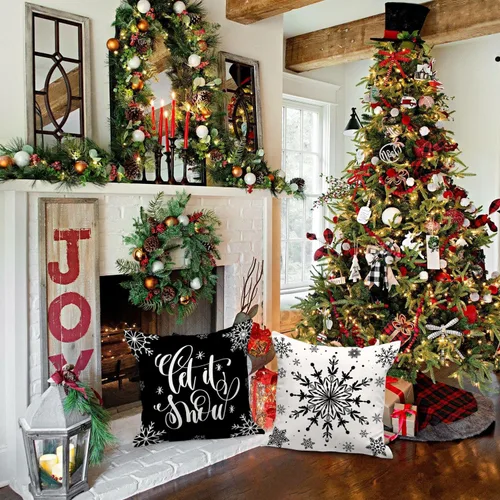 Miniatura 3 de Lanpn Fundas de Almohada Decorativas de Navidad 16x16 4 piezas, Negro Blanco Feliz Navidad Navidad Invierno Copo de Nieve Decorativas Vacaciones