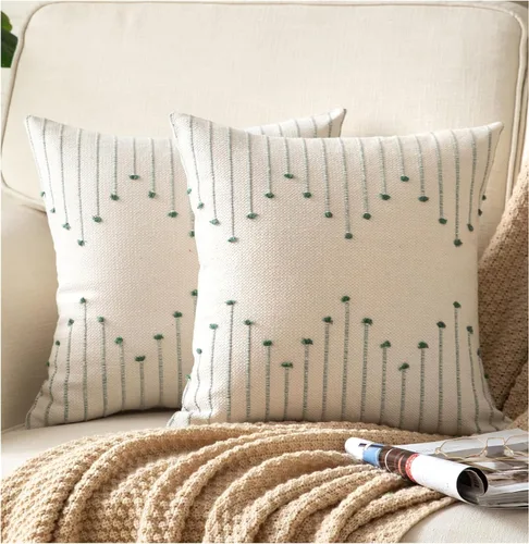 Miniatura 14 de Caflife Fundas de almohada boho de 18 x 18 pulgadas, juego de 2 almohadas decorativas para cama, fundas de almohada beige con línea negra para sofá