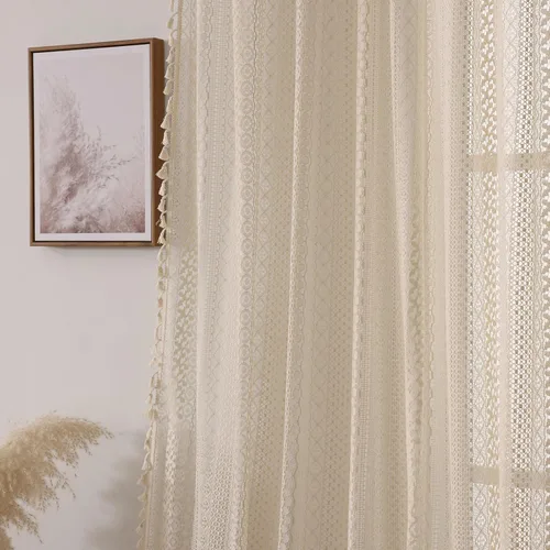 Miniatura 5 de WAZZIO Cortinas de Encaje, Cortina Boho de Crochet para Dormitorio, Cortinas de Café de Algodón, 45 Pulgadas de Largo, 2 Paneles con Bolsillo