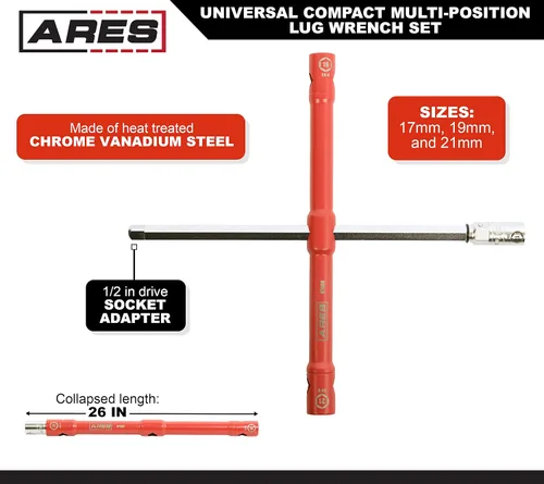 Miniatura 3 de ARES 57000 – Juego de llave de tuerca universal de 26 pulgadas con múltiples posiciones - Puntas de enchufe de 17 mm, 19 mm y 21 mm – Extremo