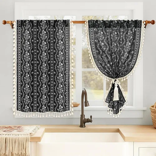 Yinhua Cortinas bohemias de lino vintage de 36 pulgadas de largo, para cocina, cafetería, filtrante de luz, bolsillo para barra, cortinas rústicas