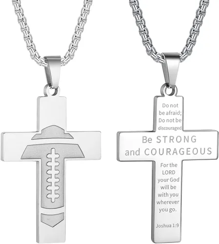 Collar de cruz de fútbol Colgante inspirador de versículo bíblico para niños, cadena de acero inoxidable, 22 + 2 pulgadas, joyería deportiva,