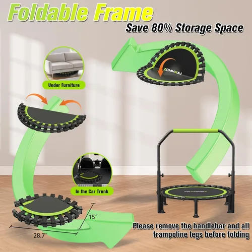 Miniatura 6 de ZCMHAXJ Foldable Mini Trampoline, 40"/48" Rebounder Trampoline for Adults & Kids, 450lbs Capacity with U-Shaped Adjustable Bar, Indoor Fitness
