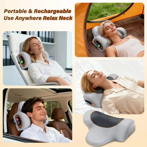 Miniatura 9 de Almohada masajeadora de cuello recargable 3 en 1 con calor, vibración y tracción de aire, almohada térmica para el cuello, joroba, relajación Gris