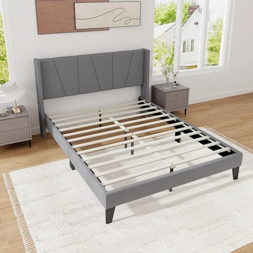 Miniatura 9 de KOMFOTT Base de cama tapizada tamaño Queen con cabecera con respaldo de ala, plataforma moderna con soporte de listones de madera, base de colchón