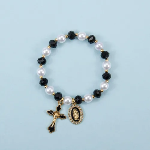 Miniatura 2 de Pulsera elástica de Virgen María con dije de cruz – Cristal de perlas multicolor con cuentas de joyería religiosa católica para mujer, regalo