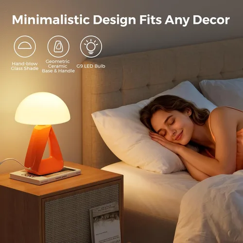 Miniatura 2 de Lámpara de hongo, pequeña lámpara de mesa para dormitorio, lámpara de noche creativa geométrica con base de cerámica, lámpara de mesa auxiliar