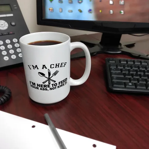 Miniatura 6 de Regalos de chef para mujeres, con texto en inglés "I I'm A Chef Here to Feed Your Ass Not Kiss It" Taza de café de 15 onzas color blanco 15oz