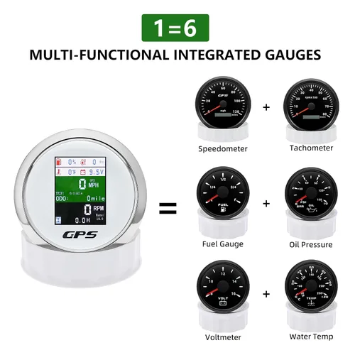 Miniatura 2 de Velocímetro GPS 6 en 1 de 3-3/8 pulgadas, 3.346 in, tacómetro ajustable multifuncional, voltímetro, nivel de combustible, temperatura del agua