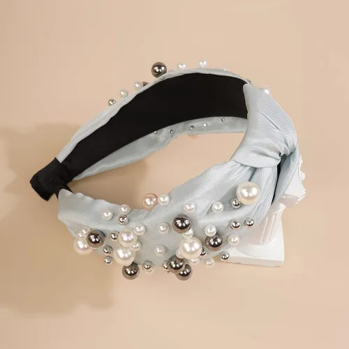 Miniatura 3 de Wiwpar Diademas anudadas de perlas para mujer, diadema ancha de perlas anchas para la cabeza, accesorios para el cabello bohemios (azul)