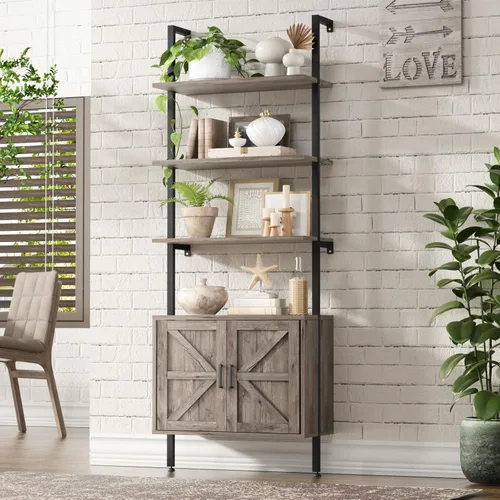 Estantería de escalera con gabinete, estantería industrial de 6 niveles con diseño de escalera para montaje en pared con gabinete estilo granja,