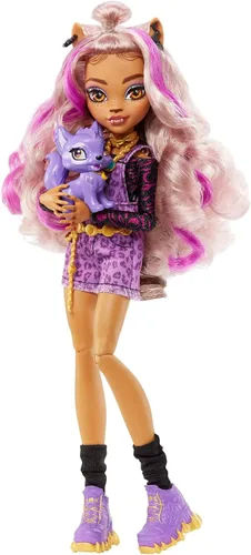 Miniatura 3 de Muñeca Monster High, Clawdeen Wolf con cabello con rayas púrpuras en su look característico con accesorios de moda y mascota perruna Crescent