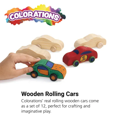 Miniatura 2 de Colorations Coches de madera, juego de 12, ruedas móviles que ruedan, listos para pintar autos, kit de manualidades de madera para bricolaje